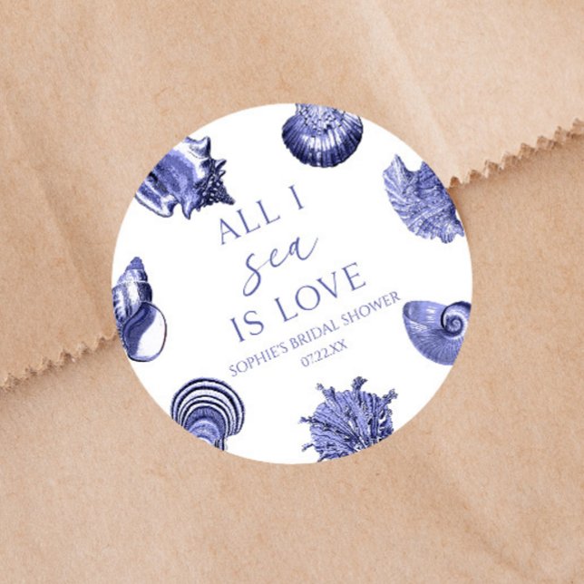 All I Sea Is Love Elegant Seashells Bridal Shower  Classic Round Sticker (Creator Uploaded)