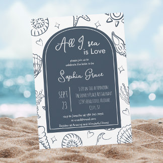 All I Sea is Love Navy Blue Seashells Doodles  Invitation
