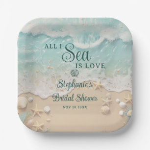 All I Sea Is Love Ocean Waves Beach Bridal Shower Paper Plate