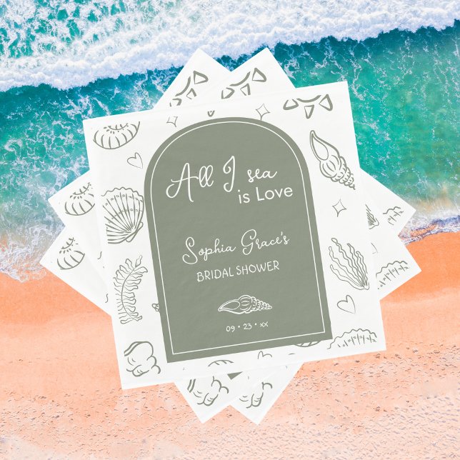 All I Sea is Love Sage Green Seashells Doodles  Napkin (Creator Uploaded)