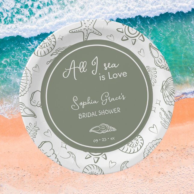 All I Sea is Love Sage Green Seashells Doodles  Paper Plate (Creator Uploaded)