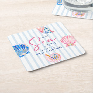 All I Sea is Love Seashells Coastal Bridal Shower Square Paper Coaster