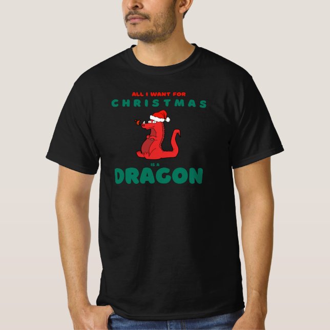All I Want for Christmas is Dragon Santa Hat Funny T-Shirt (Front)