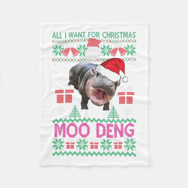 All I Want For Christmas Is Moo Deng Hippopotamus  Fleece Blanket (Front)