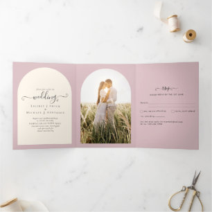 All-in-1 Dusty Rose Wedding RSVP Program PHOTO Tri-Fold Invitation