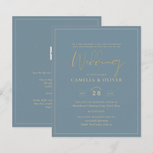 All-in-1 Elegant Sea Glass Teal Gold Wedding QR cd (Front/Back)