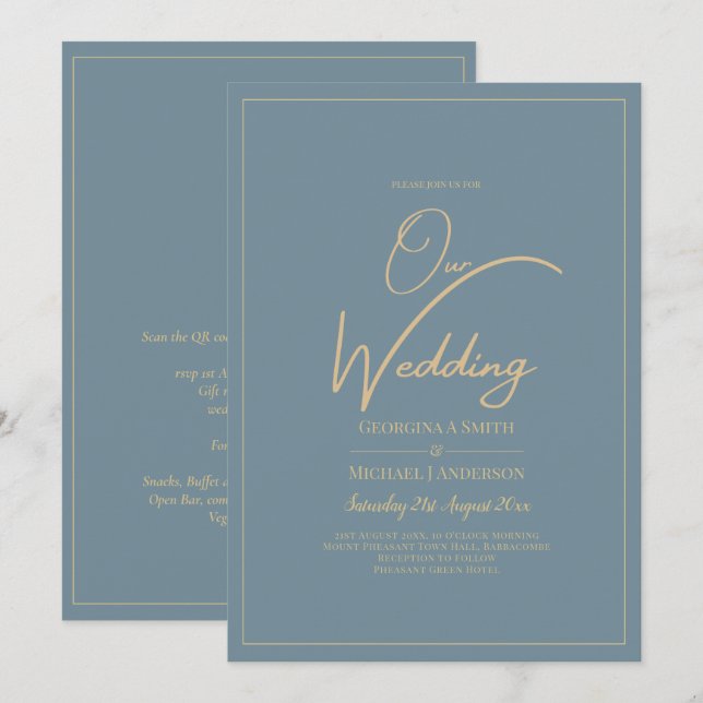 All-in-1 Elegant Sea Glass Teal Gold Wedding QR cd Invitation (Front/Back)