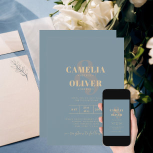 All-in-1 Elegant Sea Glass Teal Gold Wedding QR cd Invitation