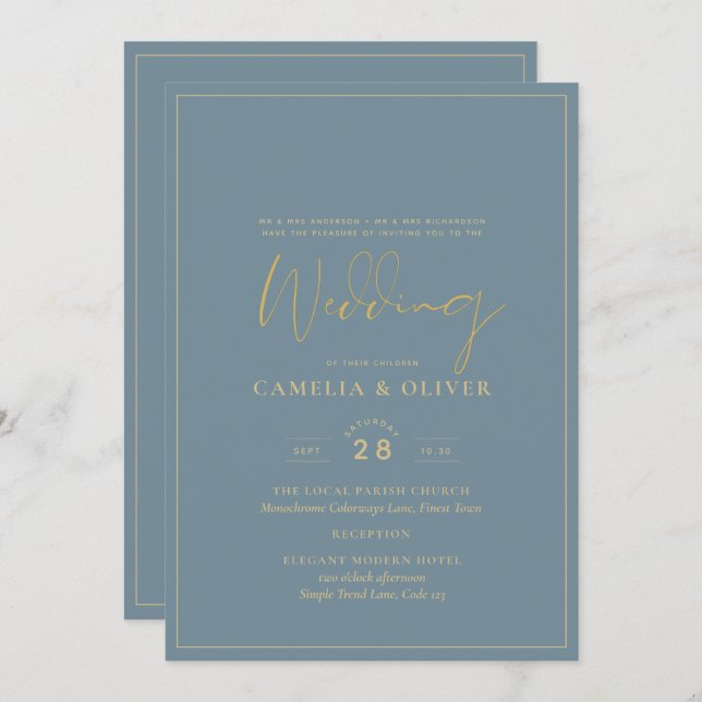 All-in-1 Elegant Sea Glass Teal Gold Wedding QR cd Invitation (Front/Back)
