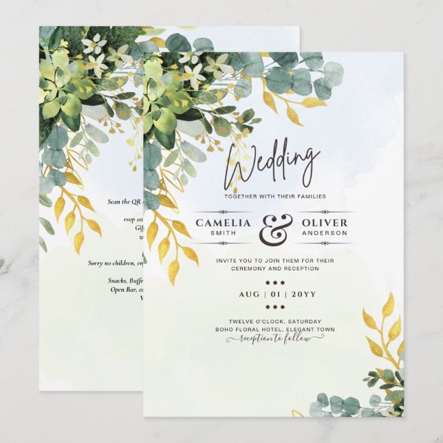 All-in-1 Greenery Gold Eucalyptus Leaves Wedding Invitation (Front/Back)
