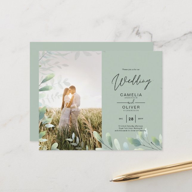 All-in-1 Greenery Leaves Photo Overlay Wedding QR (Front/Back In Situ)