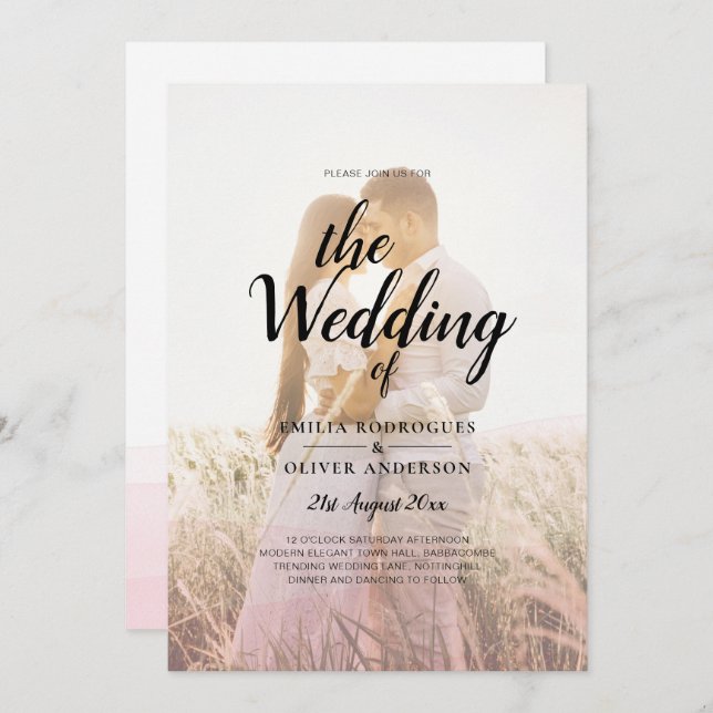 All-in-1 Pink Ombre Photo Overlay Wedding QR Code Invitation (Front/Back)