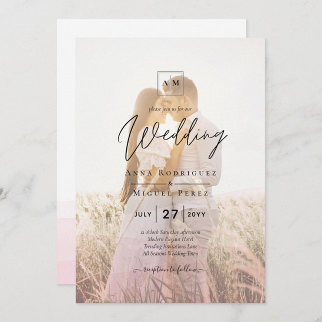 All-in-1 Pink Ombre Photo Overlay Wedding QR Code Invitation (Front/Back)
