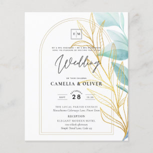 All-in-1 Sea Glass Aqua Green Gold Leaves Wedding  Flyer