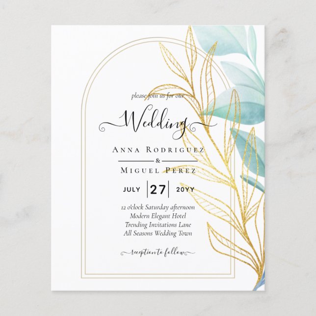 All-in-1 Sea Glass Aqua Green Gold Leaves Wedding  Flyer (Front)