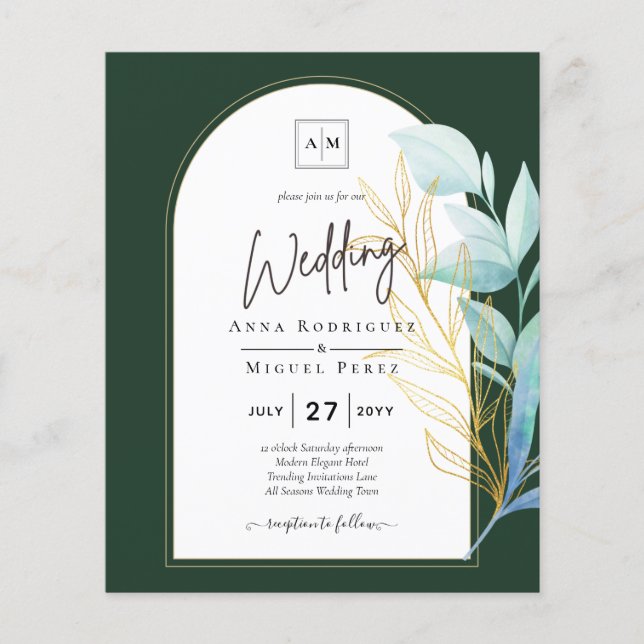 All-in-1 Sea Glass Aqua Green Gold Leaves Wedding  Flyer (Front)