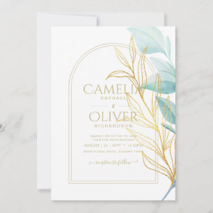All-in-1 Sea Glass Aqua Green Gold Leaves Wedding  Invitation