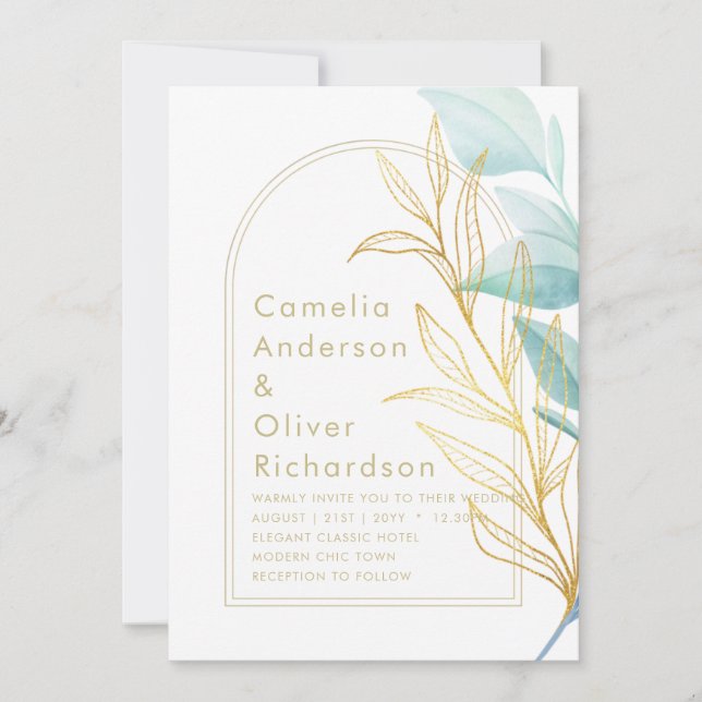 All-in-1 Sea Glass Aqua Green Gold Leaves Wedding  Invitation (Front)