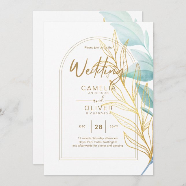 All-in-1 Sea Glass Aqua Green Gold Leaves Wedding  Invitation (Front/Back)