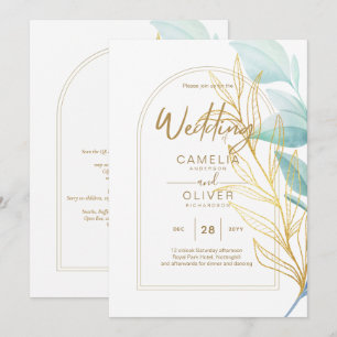 All-in-1 Sea Glass Aqua Green Gold Leaves Wedding  Invitation