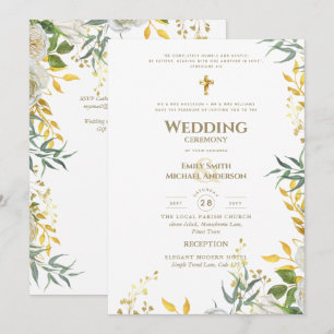 All-in-1 White Gold Greenery Catholic Wedding Invitation