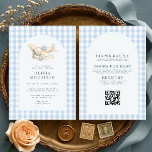 All in One Aeroplane Blue Gingham Boy Baby Shower Invitation