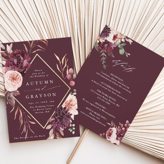 All In One Autumn Romance Burgundy Wedding Invitation (Creator Uploaded)