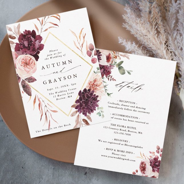 All In One Autumn Romance Burgundy Wedding Invitation (Creator Uploaded)