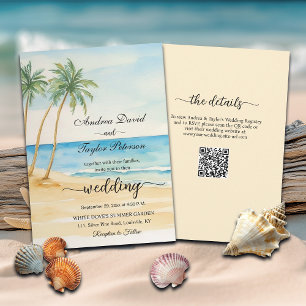 All in One Beach and Palm Trees QR Code Wedding Invitation