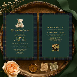 All in One Bearly Wait Green Plaid Baby Shower Invitation