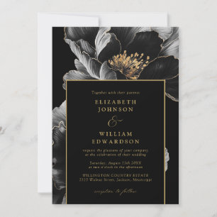 All In One Black And Gold Elegant Floral Wedding Invitation