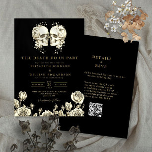 All In One Black And Gold Gothic QR Code Wedding Invitation