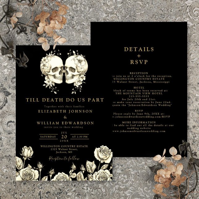All In One Black And Gold Gothic Skulls Wedding Invitation (All In One Black And Gold Gothic Skulls Wedding Invitation)