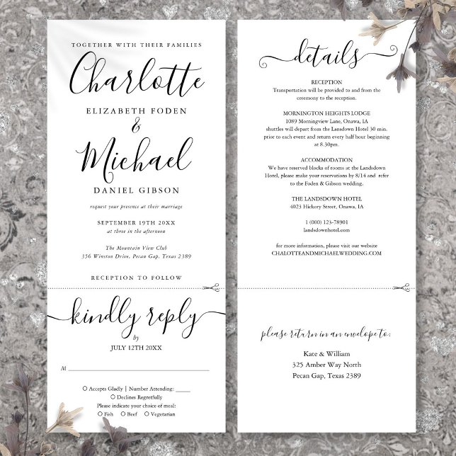 All In One Black And White Elegant Script Wedding Invitation (All In One Black And White Elegant Script Wedding Invitation)