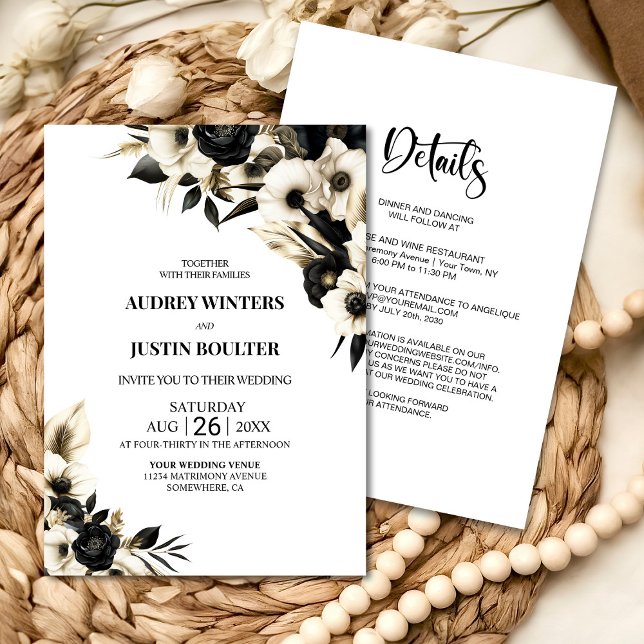 All in One Black and White Floral Wedding Invitation (Creator Uploaded)