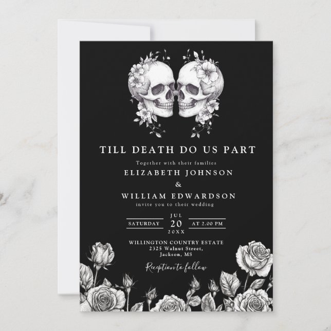 All In One Black And White Gothic Skulls Wedding Invitation (Front)