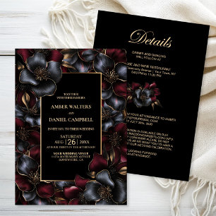 All in One Black Burgundy Grey Floral Wedding Invitation