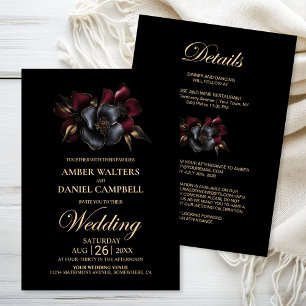 All in One Black Burgundy Grey Floral Wedding Invitation