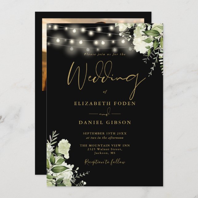 All In One Black Gold Greenery Light Photo Wedding Invitation (Front/Back)