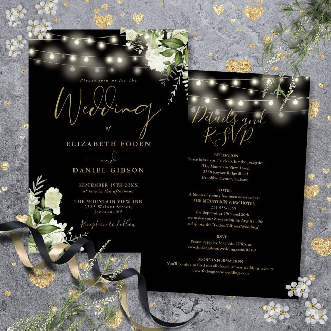 All In One Black Gold String Lights Floral Wedding Invitation (All In One Black Gold String Lights Floral Wedding Invitation)