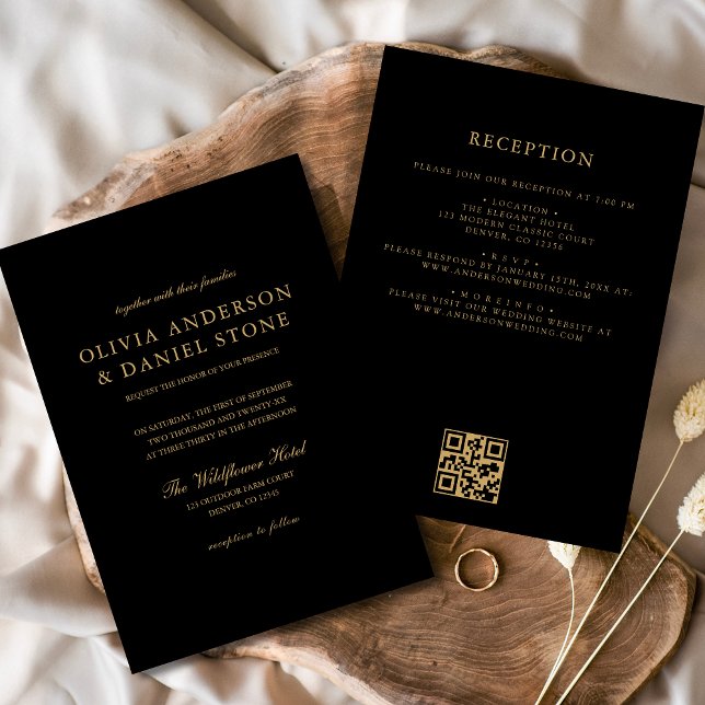 All in One Black Gold Wedding QR Code Classic Invitation (Creator Uploaded)