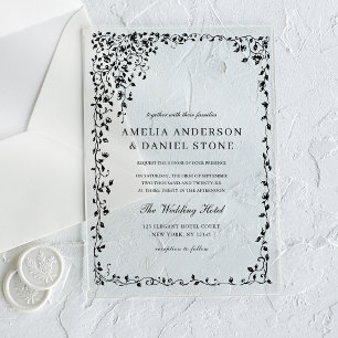 All in One Black Minimal Leaf Wedding Acrylic Invitations