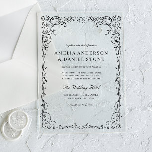 All in One Black Minimal Leaf Wedding  Acrylic Invitations