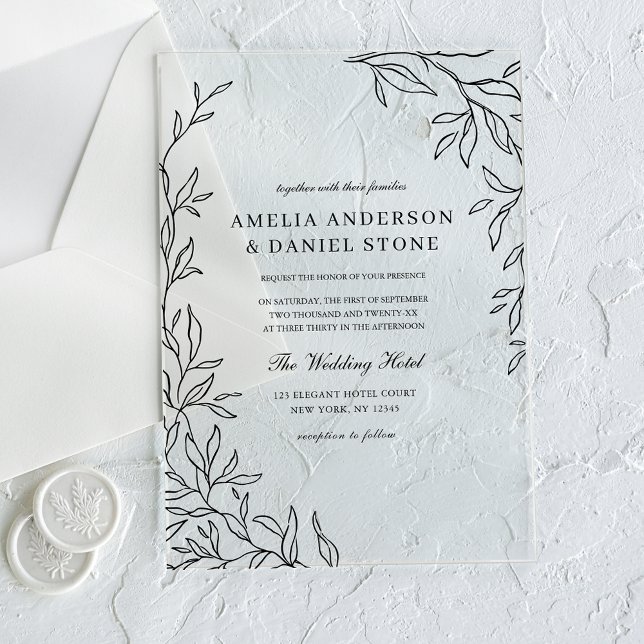 All in One Black Minimal Leaf Wedding  Acrylic Invitations (Creator Uploaded)