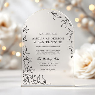 All in One Black Minimal Leaf Wedding Acrylic Invitations