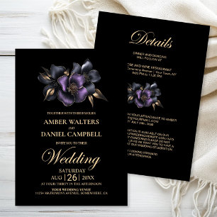 All in One Black Purple Grey Floral Wedding Invitation