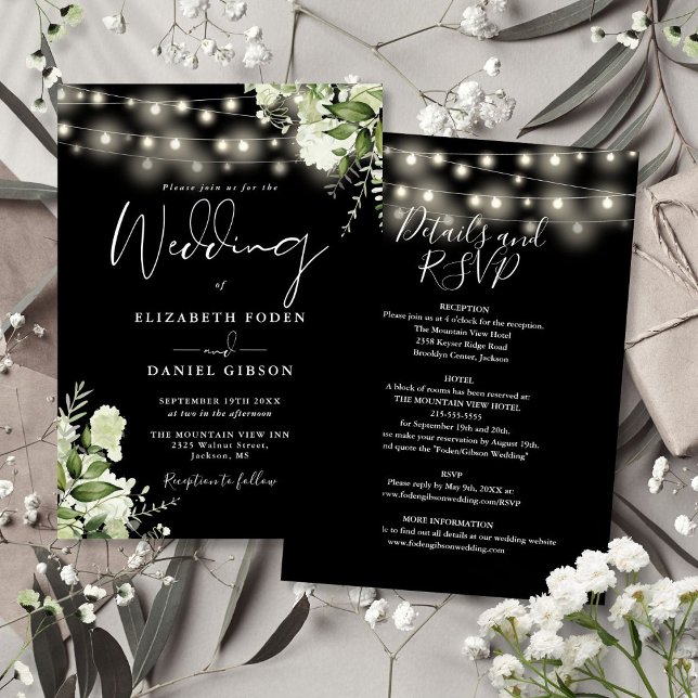 All In One Black String Lights Floral Wedding Invitation (All In One Black String Lights Floral Wedding Invitation)
