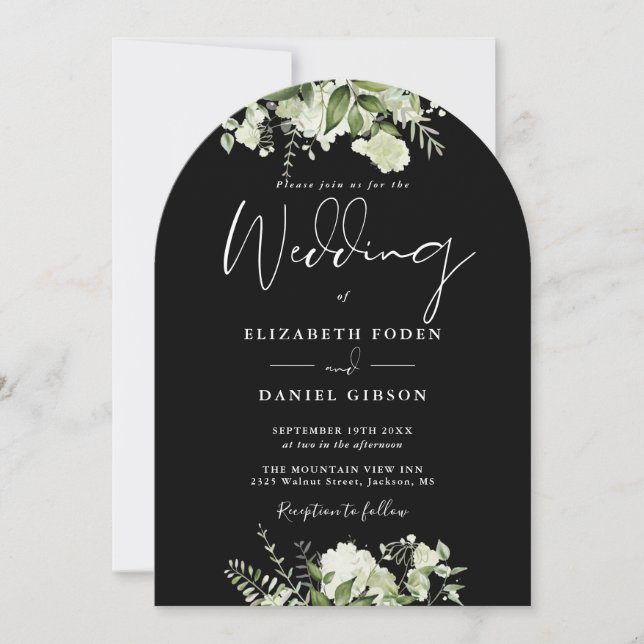 All In One Black White Greenery Arch Wedding Invitation (Front)