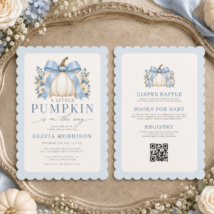 All in One Blue Bow Little Pumpkin Baby Shower Invitation