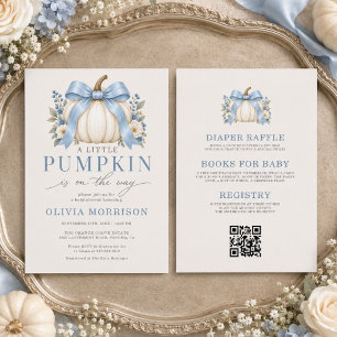 All in One Blue Bow Little Pumpkin Boy Baby Shower Invitation